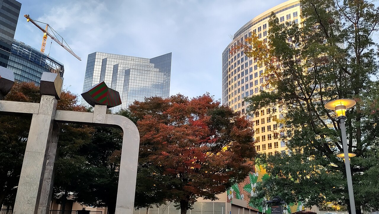 Downtown Bellevue, Washington, with glass office towers and autumn trees