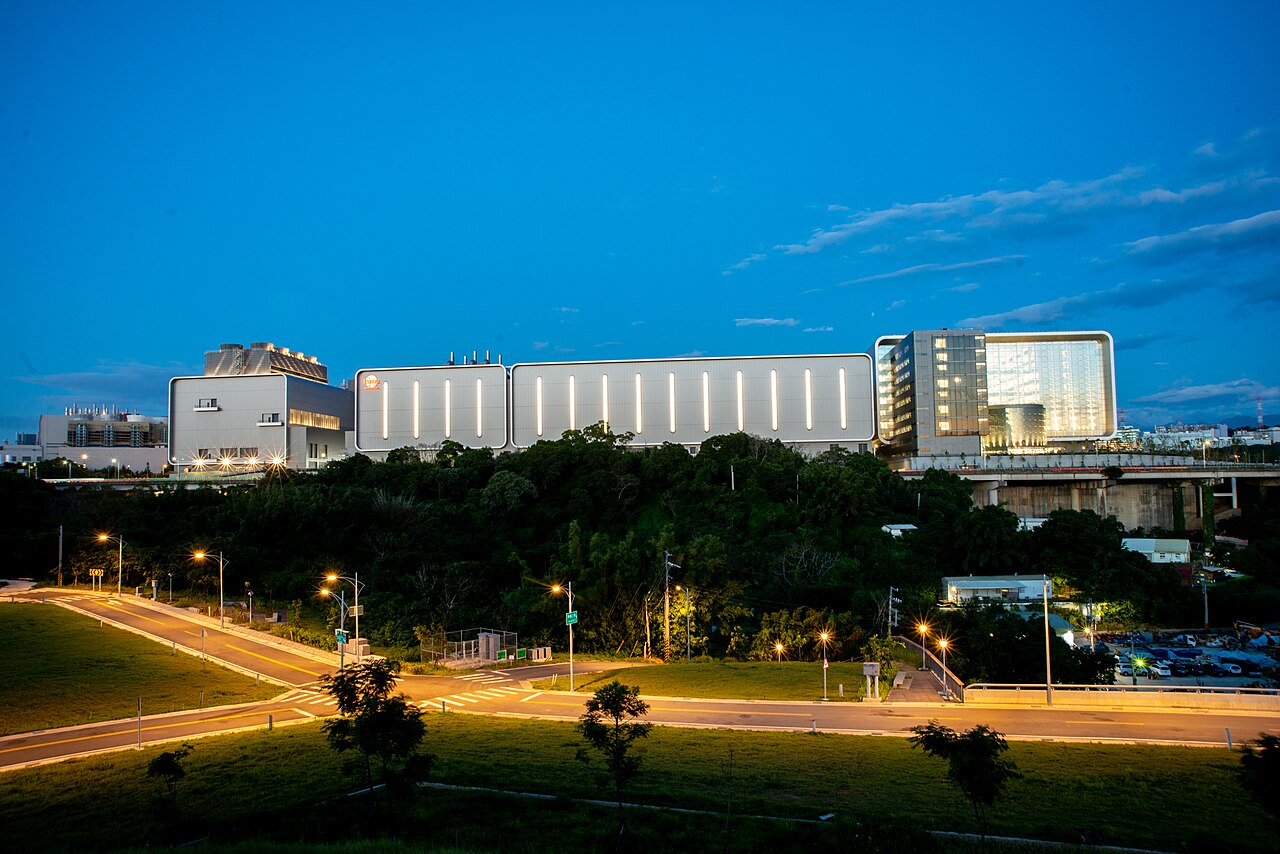 The TSMC Global R and D Center in Hsinchu, Taiwan, lit at dusk