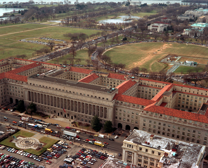 Aerial view of the Herbert C. Hoover Building, headquarters of the US Department of Commerce in Washington DC