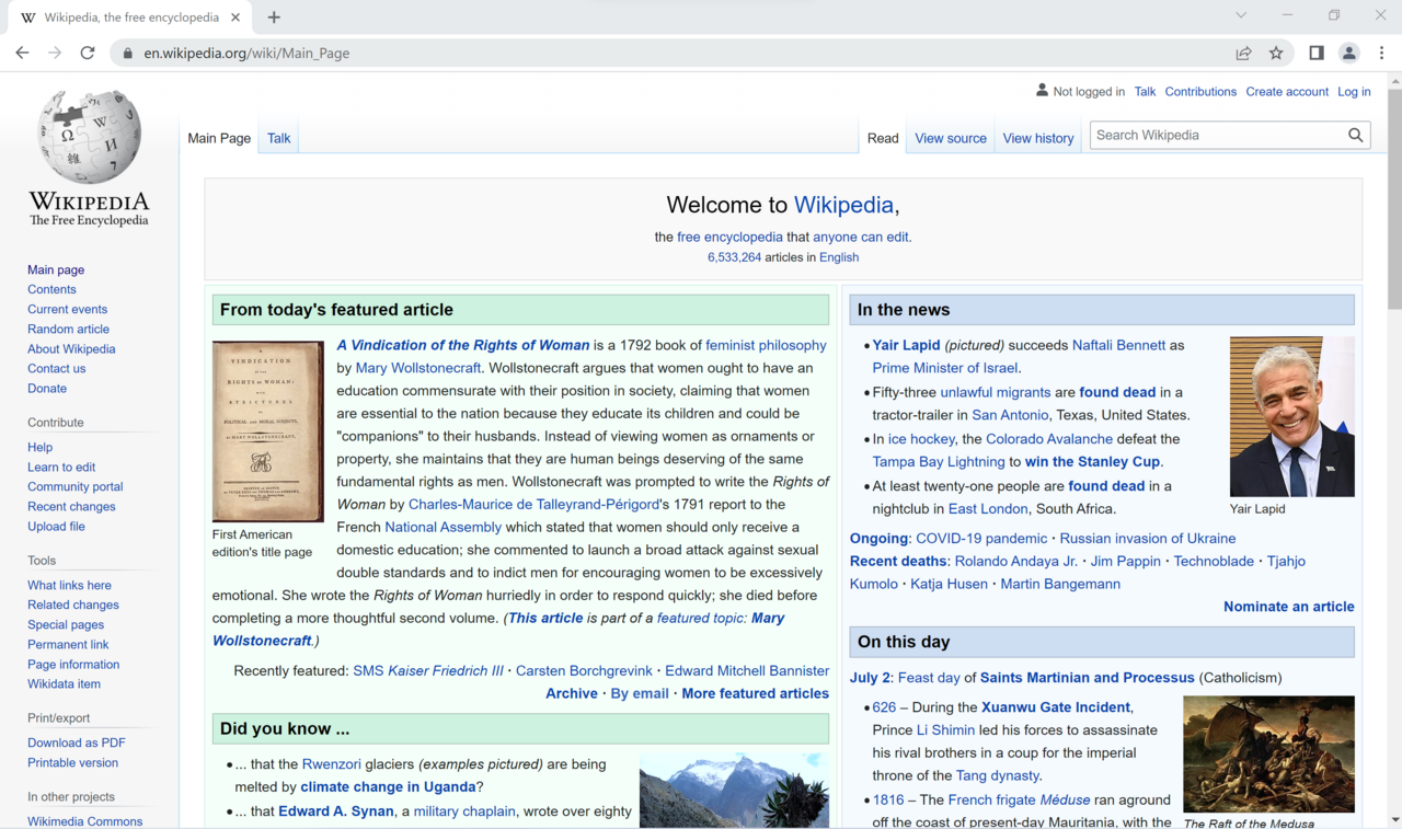 A Chrome browser window on Windows 11 showing Wikipedia's Main Page