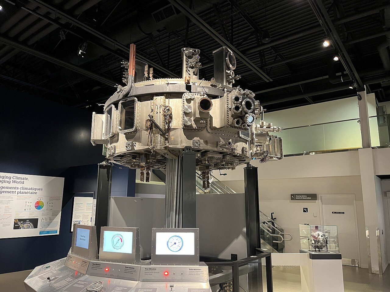 The Tokamak de Varennes fusion device displayed on a plinth in the Canada Science and Technology Museum in Ottawa